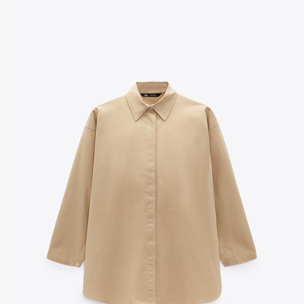 Zara Oversized dress Shirt vented sleeve button down poplin blouse taupe brown
